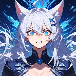 score_9, score_8_up, score_7_up, source_anime, BREAK, half_body, hand on hip, female, girl, stoat girl, solo,  ((white hair)), very long hair, blue eyes, (straight hair), (bangs), animal ears, (stoat ears:1.2),
 Choker, ahoge, yaeba, (big white stoat Tail:1.2), (blue X hairpin), slit pupils, angry, high quality, detailed face, detailed eyes, beautiful eyes, masterpiece, solo, solo_image, best quality, masterpiece,