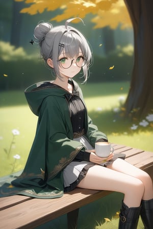 1girl, (gray hair), green eyes, short hair, ahoge, (black round frame glasses:1.2), (black star hairpin), dark green hooded cloak, Hood Down, dress, Short skirt, boots, ((Half Bun hair :1.2)), An animated animated girl with green eyes is sitting on a wooden bench. There is a small white cup of coffee on the bench in front of her. Behind her is a green lawn with small white flowers on it. A tree with yellow leaves is on the left side of the bench. Behind the tree is a wooden door with a black handle. Blurry background, detailed image, detailed skin, stunning image, 8k, proffesional style, luxurious room in background, ((masterpiece: 1.2)), light particles. Masterpiece, stunning image, professional style