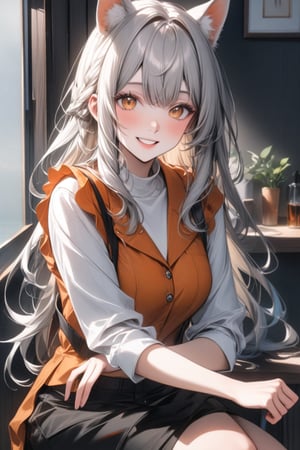 1girl, stoat girl, solo,  ((white hair)), very long hair, blue eyes, (straight hair), (bangs), animal ears, (stoat ears:1.2),
 Choker, ahoge, yaeba, (big white stoat Tail:1.2), (blue X hairpin), very beautiful girl, smiling open mouth, happy, ponytail hairstyle, long hair, himecut hairstyle, casual outfit, Tokyo, watercolor splashes, masterpiece quality, stunning image, masterpiece, 8K, stunning image, light particles, attractive image, reflections, watercolor \(medium\)