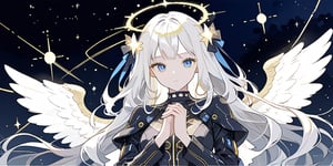 1girl, angel, white hair, long curly hair, two side up,blue eyes, two blue ribbons on her hair, (Double golden halo on her head), choker, angel wings, cyber suit, own hands together, night, upper body, looking away, masterpiece,  best quality,  aesthetic,lineart, LineAniAF