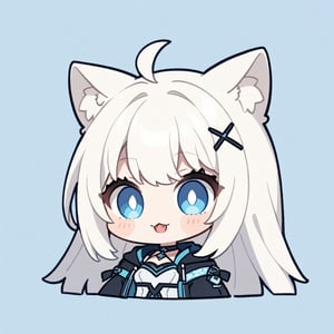 (chibi style), {{{masterpiece}}}, {{{best quality}}}, {{ultra-detailed}}, {beautiful detailed eyes},1girl, solo,  ((white hair)), very long hair, blue eyes, (straight hair), (bangs), animal ears, (stoat ears:1.2), Choker, ahoge, fangs, (big stoat Tail:1.2), (blue X hairpin), (White sleeveless collared dress, (Two-piece dress), (blue chest bow)), (black hooded oversized jacket:1.2), (Off the shoulders), (shock), upper body,chibi emote style,chibi,emote, cute,Emote Chibi,anime,