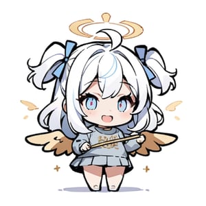  chibi, masterpiece, best quality,1girl, angel, (white hair), long curly hair, (two side up),blue eyes, (two blue ribbons on her hair), ((Double golden halo on her head)), choker, ((angel wings)), ahoge, full body, cute smile, best smile, open mouth, Wearing grey Hooded T-shirt, long sleeves, pleated skirt, (holding a pair of huge chopsticks), ,masterpiece,simple background, ,