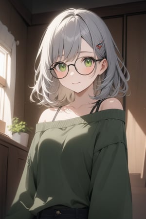 1girl, (gray hair), green eyes, medium hair, (bucket hat), (black round frame glasses:1.2), (black star hairpin), (light top), collarbone, (Sweater Jacket), cotton pants, Off-shoulder, (happy), (in room), indoor, (eyes highlight), standing, ((upper body)), very beautiful girl, Sleepy eyes, closed mouth, :), slightly angry, himecut hairstyle,, masterpiece quality, stunning image, masterpiece, 8K, stunning image, light particles, attractive image, reflections, Dutch Angle Shot,Beautiful eyes,