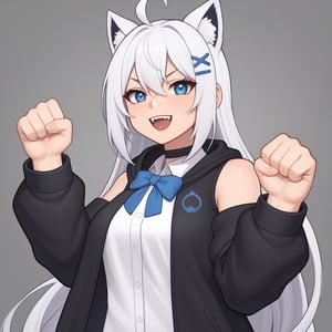 (chibi style), {{{masterpiece}}}, {{{best quality}}}, {{ultra-detailed}}, {beautiful detailed eyes},1girl, solo,  ((white hair)), very long hair, blue eyes, (straight hair), (bangs), animal ears, (stoat ears:1.2), Choker, ahoge, fangs, (big stoat Tail:1.2), (X hairpin), (White sleeveless collared dress, blue chest bow), (black hooded oversized jacket:1.2), (Off the shoulders), O_O, ((punching pose)), upper body,chibi emote style,chibi,emote,score_9