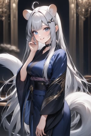 1girl, stoat girl, solo,  ((white hair)), very long hair, blue eyes, (straight hair), (bangs), animal ears, (stoat ears:1.2),
 Choker, ahoge, yaeba, (big white stoat Tail:1.2), (blue X hairpin), Pretty and badass woman, upper body, hand up, greeting, playful girl, hand fitting the hair. She wears a very elegant kimono. She is a very elegant, walking pose, impressive image, stunning image, masterpiece, light particles, blurry background, lovely woman, fascinating aesthetics. Hyperdetailing masterpiece, hyperdetailing skin, masterpiece quality, with 8k resolution. Kind smile. She's in a elegant luxurious palace. straight hair, hime_cut, long hair; fashionable outfit, sakura hairpin. leaning forward. It's nightime. elegant aura. cute smile