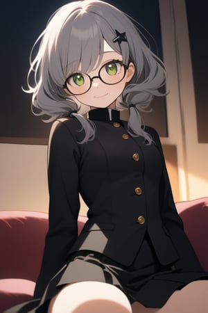 1girl, (gray hair), green eyes, (short hair and cute pigtails:1.2), wavy_hair, (black round frame glasses:1.2), (black star hairpin), (gakuran:1.2), long sleeve uniform, Short skirt, (happy), (indoor), (eyes highlight), very beautiful girl, very cute face, (Medium chest), sway back, half-closed eyes, :), sitting on sofa, cute pose, headtilt, masterpiece quality, masterpiece, 8K, stunning image, light particles, attractive image, reflections, Dutch Angle Shot,Beautiful eyes,