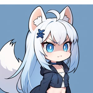 (chibi style), {{{masterpiece}}}, {{{best quality}}}, {{ultra-detailed}}, {beautiful detailed eyes},1girl, solo,  ((white hair)), very long hair, blue eyes, (straight hair), (bangs), animal ears, (stoat ears:1.2),
 Choker, ahoge, fangs, (big stoat Tail:1.2), (blue X hairpin), (White sleeveless collared dress, (midriff), blue chest bow), 
(black hooded oversized jacket:1.2), (jacket zipper half unzipped), (Off the shoulders), , solo, small breasts, ((light blue hair)), very long hair, (straight hair), (bangs), animal ears, (stoat ears:1.2), Choker, ahoge, fangs, (big fox Tail:1.2), (black hooded oversized jacket:1.2), (Off the shoulders), ((shadow face:1.2)), (angry eyes), (closed mouth), upper body,chibi emote style,chibi,emote, cute, looking with disgust
