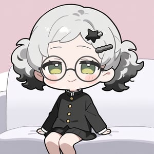 1girl, (gray hair), green eyes, (short hair and cute pigtails:1.2), wavy_hair, (black round frame glasses:1.2), (black star hairpin), (gakuran:1.2), long sleeve uniform, Short skirt, (happy), (indoor), (eyes highlight), very beautiful girl, very cute face, (Medium chest), sway back, half-closed eyes, :), sitting on sofa, cute pose, headtilt, solo, (chibi),((Chibi character)), chibi style