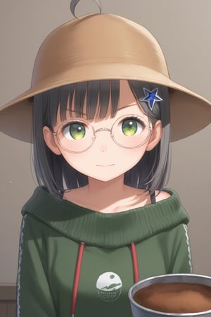 1girl, (gray hair), green eyes, medium hair, (bucket hat), ahoge, (black round frame glasses:1.2), (black star hairpin), (light top), collarbone, (Sweater Jacket), cotton pants, Off-shoulder, (happy), (in room), indoor, (eyes highlight), standing, ((upper body)), very beautiful girl, Sleepy eyes, closed mouth, :), slightly angry, himecut hairstyle,, masterpiece quality, stunning image, masterpiece, 8K, stunning image, light particles, attractive image, reflections, Dutch Angle Shot,Beautiful eyes,