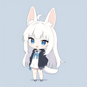 chibi, masterpiece, made by a master, 4k, perfect anatomy, perfect details, best quality, high quality, lots of detail.
(solo),1girl, ((white hair)), very long hair, blue eyes, (straight hair), (bangs), animal ears, (stoat ears:1.2), ahoge, fang, (big stoat Tail:1.2), (White sleeveless two piece dress, blue chest bow), (black hooded jacket:1.2), (Off the shoulders), (fighting with a rabbit), single, looking at viewer, (full body) ,Emote Chibi. cute comic,simple background, flat color, Cute girl,Chibi Style,chibi emote style,cute,anime