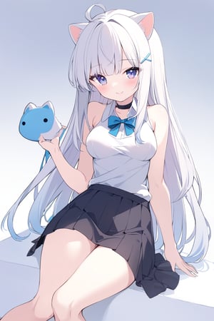 (score_9, score_8_up, score_7_up), 1girl, stoat girl, solo,  ((white hair)), very long hair, blue eyes, (straight hair), (bangs), animal ears, (stoat ears:1.2),
 Choker, ahoge, fangs, (big stoat Tail:1.2), (blue X hairpin), (White collared sleeveless top, (midriff), blue chest bow), dress, long hair, smile, solo, (medium breasts:2), white hair, black dress, looking at viewer, breasts, bare shoulders, sidelocks, collarbone, blush, sitting, purple eyes, blue eyes, beautiful eyes, (petite:2), blunt bangs, gradient hair, 