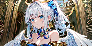 masterpiece, best quality, highres, kta1,1girl, angel, white hair, long curly hair, blue eyes, two blue ribbons on her hair, (Double golden halo on her head), angel wings, ponytail, detached sleeves, cleavage, earrings, jewelry, bare shoulders, medium breasts, tabi, japanese clothes, detached collar,portrait,perfect light