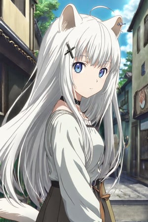 1girl, stoat girl, solo,  ((white hair)), very long hair, blue eyes, (straight hair), (bangs), animal ears, (stoat ears:1.2),
 Choker, ahoge, yaeba, (big white stoat Tail:1.2), (blue X hairpin),  casual outfit, outdoors, looking at viewer, close view,midjourney,anime,1girl_Anime,Detail