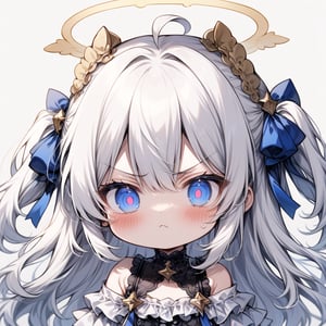 1girl, angel, white hair, long curly hair, (two side up), blue eyes, two blue bows on head, (Double golden halo on her head), choker, ((angel wings on back)), ahoge,  (White gothic lolita style ruffle dress, blue ribbon), ((Off the shoulders:1.2)), solo, (chibi, head only), blush, mouth close, (close-up portrait), (angry, blush, pouty), ((shadow face:1.3)), (glowing eyes), Upper Body, (Focus on face), simple white background,((Chibi character)), (punch)