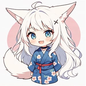 (chibi:1.3), masterpiece, made by a master, 4k, perfect anatomy, perfect details, best quality, high quality, lots of detail.
(solo),1girl, ((stoat girl)), solo,  ((white hair)), very long hair, blue eyes, (straight hair), (bangs), animal ears, (stoat ears:1.2), Choker, ahoge, cute_fang, (big Fox Tail:1.2), (blue X hairpin), (cute yukata, colorful yukata), smiling, single, (((>_<:1.4))), (upper body) ,Emote Chibi. cute comic,simple background, flat color, Cute girl,dal,Chibi Style,lineart,comic book,