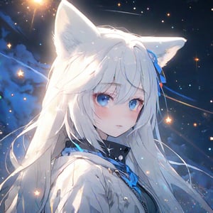 1girl, stoat girl, solo,  ((white hair)), very long hair, blue eyes, (straight hair), (bangs), animal ears, (stoat ears:1.2),
 Choker, ahoge, yaeba, (big white stoat Tail:1.2), (blue X hairpin), beautiful, long hair,casual outfit, outdoors, looking at viewer, medium hair, close view,starry sky, sky, night,,noc-space