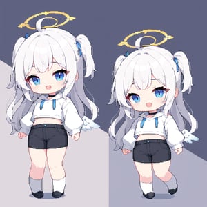 (chibi:1.3), masterpiece, made by a master, 4k, perfect anatomy, perfect details, best quality, high quality, lots of detail.
(solo),1girl, ((angel)), ((white hair)), (long hair:1.1), (two side up:1.2), blue eyes, (wavy hair), (hair curls), (bangs), two ((blue)) hair ties on head, (Double golden halo on her head), choker, ((angel wings)), ahoge, laughing, (white long sleeve hooded top), black pants, white socks, single, open mouth, (full body) ,Emote Chibi. cute comic, flat color, Cute girl,Chibi Style,(pixel art),16 bit,Pixel art,32 bit,pixel style