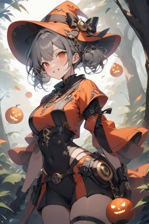 1girl, solo, (gray hair), green eyes, ahoge, (low-pigtail hairs:1.2), (black round frame glasses:1.2), (Witch hat), (Witch cloak), Witch dress, (cute pose), cobweb, (skull), pumpkin lantern, moon, blush, (In the forest at night), (eyes highlight), standing, ((upper body)), very beautiful girl, crazy smiling, slightly angry, himecut hairstyle, masterpiece quality, stunning image, masterpiece, 8K, stunning image, light particles, attractive image, reflections,  \medium\,Beautiful eyes,