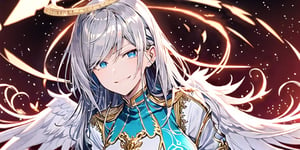 1girl, angel, with sliver long curly hair, blue eyes, two blue ribbons on her hair, (Double golden halo on her head), angel wings, perfecteyes, mage clothing, evil smirk,perfect light,portrait