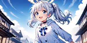 Anime-style illustration depicting a Japanese winter sky scene. A clear winter sky. A young girl,1angel, (white hair), long curly hair, blue eyes, (two blue ribbons on her hair), (Double golden halo on her head), ((angel wings)), twintail, dress, cute outfit, best smile, running, cute face, wearing a choker and a hooded winter coat. The perspective is from below, focusing on the girl, the street lamp against the clear winter sky.