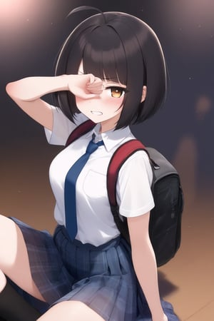 1girl, (dark black hair), brown eyes, ahoge, short hair, (striking bob cut and intense, hair covering one eye:1.2),  (school uniform), tight clothes, white shirt, Short sleeve, blue tie, Blue plaid pleated skirt, backpack, half-closed eyes, solo focus, standing, annoyed, looking down at viewer, see-through silhouette, blush, (simple background), (eyes highlight), ((sit cross-legged)), very beautiful girl, himecut hairstyle, masterpiece quality, stunning image, masterpiece, 8K, stunning image, light particles, attractive image, reflections,  \medium\,Beautiful eyes,