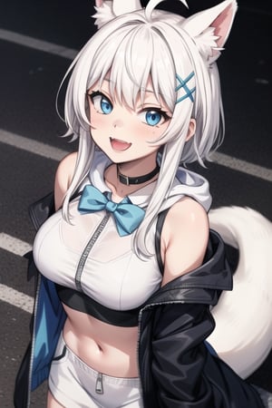 masterpiece, best quality, laplace, 1girl, solo,  ((white hair)), very long hair, blue eyes, (straight hair), (bangs), animal ears, (stoat ears:1.2), Choker, ahoge, fangs, (big stoat Tail:1.2), (blue X hairpin), (White sleeveless collared dress, (midriff), blue chest bow), (black hooded oversized jacket:1.2), (jacket zipper half unzipped), (Off the shoulders), lolita, smile, leaning forward, city street, close-up , from above, look up,yaeba,anime,green theme