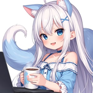 masterpiece, 1girl, stoat girl, solo,  ((white hair)), very long hair, blue eyes, (straight hair), (bangs), animal ears, (stoat ears:1.2),
 Choker, ahoge, fangs, (big stoat Tail:1.2), (blue X hairpin), solo, long hair, blush, bangs, simple background, cute dress, white background, hair between eyes, smiling, collarbone, (((holding a big cup))), ahoge, lips parted, off shoulder, chibi, (((up body))), laptop,flat style