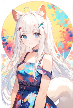 A masterpiece,1girl, stoat girl, solo,  ((white hair)), very long hair, blue eyes, (straight hair), (bangs), animal ears, (stoat ears:1.2),
 Choker, ahoge, yaeba, (big white stoat Tail:1.2), (blue X hairpin), (Animated artwork depicting a smiling girl's face in a collage of vibrant abstract colors and patterns). (The composition contains various fractal curve patterns), all in bright and contrasting colors, very delicate and beautiful, 8K, ultra-fine pointillism, indescribable atmosphere, (papercut style: 1.2),ink paint