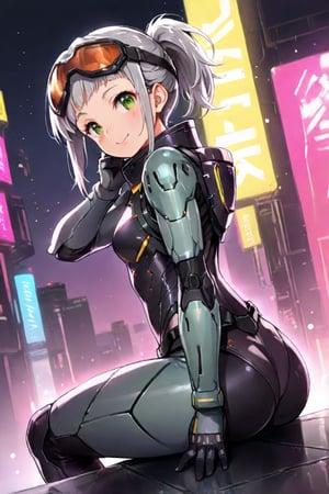 1girl, (gray hair), green eyes, (short hair), (Flat bangs), (short ponytail:1.2), (Safety Goggles:1.2), (wearing armored suit), (cyberpunk style), tight clothes, (happy), (outdoor), (eyes highlight), very beautiful girl, very cute face, (Medium chest), proud expression, :), sitting, cute pose, headtilt, masterpiece quality, masterpiece, 8K, stunning image, light particles, attractive image, reflections, Dutch Angle Shot,Beautiful eyes,