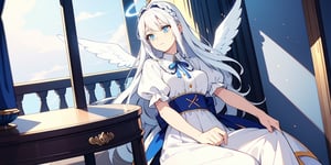 vibrant colors, female, masterpiece, sharp focus, best quality, depth of field, cinematic lighting, ((solo, one woman )), (illustration, 8k CG, extremely detailed), masterpiece, ultra-detailed,
1angel, (white hair), long curly hair, blue eyes, (two blue ribbons on her hair), (Double golden halo on her head), angel wings, Sitting on a seat, look to the sky,perfect light,masterpiece,portrait,long skirt,