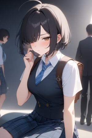 1girl, (dark black hair), brown eyes, ahoge, short hair, (striking bob cut and intense, hair covering one eye:1.2),  (school uniform), tight clothes, white shirt, Short sleeve, blue tie, Blue plaid pleated skirt, backpack, half-closed eyes, solo focus, standing, annoyed, looking down at viewer, see-through silhouette, blush, (simple background), (eyes highlight), ((Tailor Sitting:1.2)), very beautiful girl, himecut hairstyle, masterpiece quality, stunning image, masterpiece, 8K, stunning image, light particles, attractive image, reflections,  \medium\,Beautiful eyes,