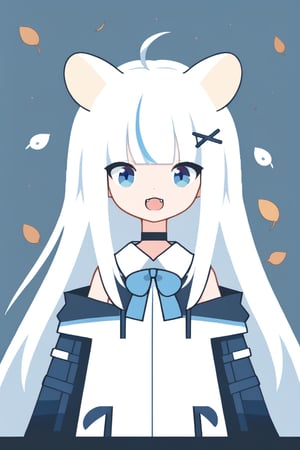 score_9, score_8_up, score_7_up, Minimalstyle, 1girl, solo,  ((white hair)), very long hair, blue eyes, (straight hair), (bangs), animal ears, (stoat ears:1.2), Choker, ahoge, fangs, (big stoat Tail:1.2), (X hairpin), (White sleeveless collared dress, blue chest bow), (black hooded oversized jacket:1.2), (Off the shoulders) ,simple, faceless female, beautiful, extremely detailed, vector, headshot,falling leaves,minimalstyle