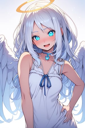 (photorealistic:1.4), (anime colored:1.5),(masterpiece, sidelights, exquisite gentle eyes), (character focus,face focus,close to viewer,portrait,masterpiece,)、anime colored,,cute face、 3D face,(cyan hair to blue hair gradient hair),,(1 girl), angel, white hair, long curly hair, (two side up), blue eyes, Two (blue) hair ties on head , (Double (golden) halo on her head), choker, (angel wings), ahoge, (open stance,put your hands on your hip:1.3),(blue eyes:1.5),(upper body:1.5),(sleeveless white hair fur sundress :1.5),(kind face),(blush)、(cute face)、(head tilt:1.5), (cute face),(open mouth,Laughter:1.2),Gentle face,(medium breasts),(gradient background)、(glowing eyes)、
neat and clean、adorable、Slim Body,(tareme:1.5),,shiny hair, shiny skin、,niji,sketch,manga,

