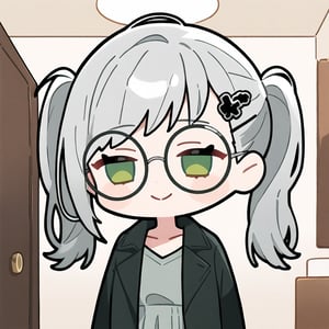 1girl, (gray hair), green eyes, long hair, ( pigtails:1.2), (black round frame glasses:1.2), (black star hairpin), (casual wear), collarbone, (Knight Coat), cotton pants, (happy), (in room), indoor, (eyes highlight), standing, ((upper body)), very beautiful girl, Sleepy eyes, closed mouth, :), himecut hairstyle, solo, (chibi), (Focus on face),((Chibi character)), chibi style