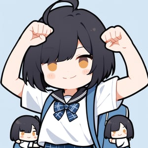 1girl, (dark black hair), brown eyes, ahoge, short hair, (striking bob cut and intense, hair covering one eye:1.2), (school uniform), tight clothes, white shirt, Short sleeve, blue tie, Blue plaid pleated skirt, light blue backpack, half-closed eyes, blush, (fighting pose), (simple school background), (eyes highlight), standing, ((upper body)), very beautiful girl, smiling, happy, himecut hairstyle, solo, (chibi), (Focus on face), 