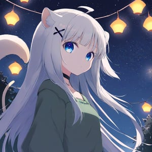 1girl, stoat girl, solo,  ((white hair)), very long hair, blue eyes, (straight hair), (bangs), animal ears, (stoat ears:1.2),
 Choker, ahoge, yaeba, (big white stoat Tail:1.2), (blue X hairpin), beautiful, long hair,casual outfit, outdoors, looking at viewer, medium hair, close view,starry sky, sky, night,,noc-space