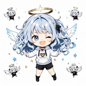 chibi, sd, masterpiece, made by a master, 4k, perfect anatomy, perfect details, best quality, high quality, lots of detail.
(solo),1girl, ((angel)), (white hair), long curly hair, (two side up), blue eyes,  (curly hair:1.2), (wavy hair), (hair curls), (bangs), (two side up), two ((blue)) hair ties on head, (Double golden halo on her head), choker, ((angel wings)), ahoge,one eye closed, Gray hooded long sleeve T-shirt,  Short pants, punching, single, looking at viewer, smiling, fang, happy, slightly angry, chibi, Emote Chibi. simple background, Line,cute comic,simple background, flat color,chibi,Cute girl,dal,Emote Chibi,chibi style,Chibi Style,lineart,LineAniAF,portraitart,score_9_up