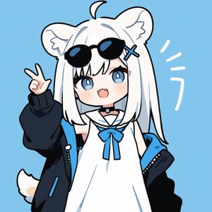(chibi style), {{{masterpiece}}}, {{{best quality}}}, {{ultra-detailed}}, {beautiful detailed eyes},1girl, solo,  ((white hair)), very long hair, blue eyes, (straight hair), (bangs), animal ears, (stoat ears:1.2), Choker, ahoge, fangs, (big stoat Tail:1.2), (blue X hairpin), (White sleeveless collared dress, (Two-piece dress), (blue chest bow)), (black hooded oversized jacket:1.2), (Off the shoulders), (rapping), (black sunglasses), upper body,chibi emote style,chibi,emote, cute,Emote Chibi,anime,cute comic,txznf,flat style