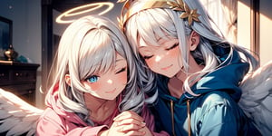 1girl, angel, white hair, long curly hair, blue eyes, two blue ribbons on her hair, (Double golden halo on her head), angel wings,, beautiful face, (eyes closed), happiness, closed mouth smile, pink lips, holding face with both hands, cute hoodie, cute room, cute interior,portrait