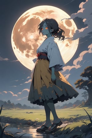 A creepy zombie girl under the full moon admiring the moon, Huge Moon, glowing moon, Japanese anime style