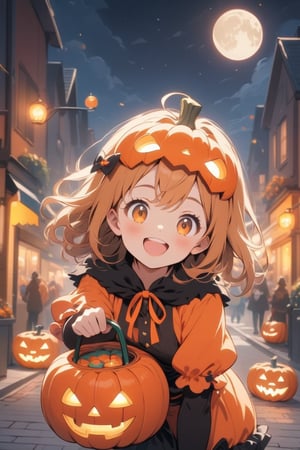 A cute girl wearing a pumpkin mask on her head, Halloween costume, celebrating Halloween on the street at night, pumpkin lantern, cute face, smiling, moon, anime style