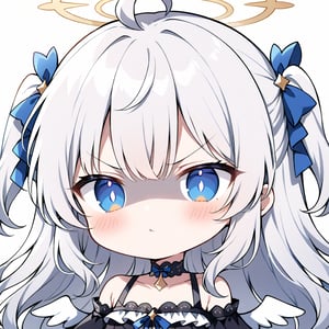 1girl, angel, white hair, long curly hair, (two side up), blue eyes, two blue bows on head, (Double golden halo on her head), choker, ((angel wings on back)), ahoge,  (White gothic lolita style ruffle dress, blue ribbon), ((Off the shoulders:1.2)), solo, (chibi, head only), blush, mouth close, (close-up portrait), (angry, blush, pouty), ((shadow face:1.3)), (glowing eyes), Upper Body, (Focus on face), simple white background,((Chibi character)), 