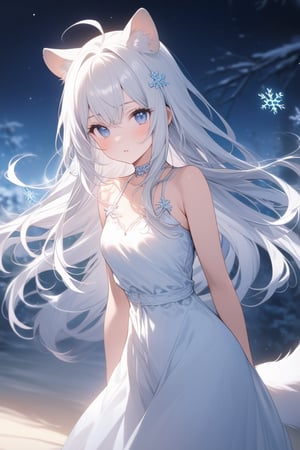 1girl, stoat girl, solo,  ((white hair)), very long hair, blue eyes, (straight hair), (bangs), animal ears, (stoat ears:1.2),
 Choker, ahoge, yaeba, (big white stoat Tail:1.2), (blue X hairpin), solo, ((standing: 2.5)), long hair, looking at viewer, blush, bangs, himecut, parted lips, blurry, lips, ((white dress: 2)), eyelashes, portrait, light particles, ((masterpiece: 2)), excellent quality, light particles, snowflakes, ((stunning_image: 1.5)), ((snowflakes in air: 1)), medium long shot.