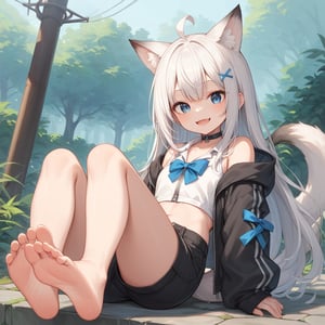 score_9, score_8_up, score_7_up, score_6_up, score_5_up, score_4_up, 1girl, stoat girl, solo,  ((white hair)), very long hair, blue eyes, (straight hair), (bangs), animal ears, (stoat ears:1.2),
 Choker, ahoge, fangs, (big stoat Tail:1.2), (blue X hairpin), (White collared sleeveless top, (midriff), blue chest bow), (black hooded oversized jacket:1.2), (jacket zipper half unzipped), (black short pants) (Off the shoulders), feet, soles, toes, barefoot, foot focus, looking at viewer, smile, outdoors, outside,