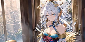 masterpiece, best quality, highres, kta1,1girl, angel, white hair, long curly hair, blue eyes, two blue ribbons on her hair, (Double golden halo on her head), angel wings, ponytail, detached sleeves, cleavage, jewelry, bare shoulders, medium breasts, tabi, japanese clothes, detached collar,perfect light,portrait