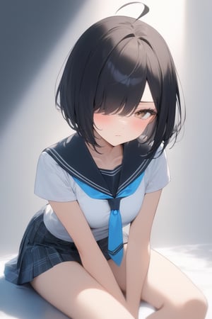 1girl, (dark black hair), brown eyes, ahoge, short hair, (striking bob cut and intense, hair covering one eye:1.2),  (school uniform), tight clothes, white shirt, Short sleeve, blue tie, Blue plaid pleated skirt, backpack, half-closed eyes, solo focus, standing, annoyed, looking down at viewer, see-through silhouette, blush, (simple background), (eyes highlight), ((sit cross-legged:1.2)), very beautiful girl, himecut hairstyle, masterpiece quality, stunning image, masterpiece, 8K, stunning image, light particles, attractive image, reflections,  \medium\,Beautiful eyes,