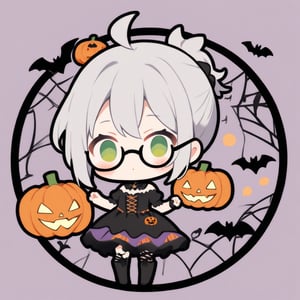 1girl, (gray hair), green eyes, ahoge, (short ponytail:1.2), (black round frame glasses:1.2), dress, halloween outfit, boots, bats, cobweb, pumpkin lantern, blush, simple halloween background), (eyes highlight), standing, solo, (chibi), (Focus on face), 