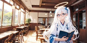  (Best Picture Quality, High Quality, Best Picture Score: 1.3), , Perfect Beauty Score: 1.5, long hair, 1 angel girl, (solo), ((white hair)), (long curly hair), blue eyes, ((two blue ribbons on her hair)), (Double golden halo on her head), (angel wings), (cute outfit), glasses, Wearing Japanese maid outfit, reading, (In a Japanese cafe), (full_body), beautiful, cute, masterpiece, best quality,perfect light,