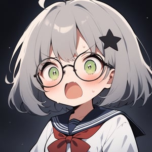 1girl, (gray hair), green eyes, short hair, (Bob Hair), ahoge, (black round frame glasses:1.2), (black star hairpin), (Sailor Suit), (student uniform), dark blue collar, (red bow tie), Dark blue pleated skirt, blush, (In a dark room), (eyes highlight), standing, ((upper body)), very beautiful girl, shock, surprise, eyes wide open, Open mouth wide, sweat, slightly angry, himecut hairstyle, solo, (chibi), (Focus on face),((Chibi character))