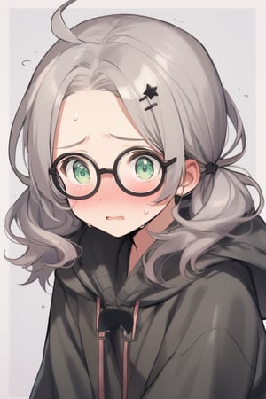  1girl, solo, (gray hair), green eyes, (short Twin ponytails:1.2),  (curly hair:1.2), ahoge, (black round frame glasses:1.2), (black star hairpin), solo, blush, open mouth, Center parted bangs, forehead, hooded cloak, Hood Down, long sleeve shirt top, Short skirt, boots, upper body, sweat, embarrassed,